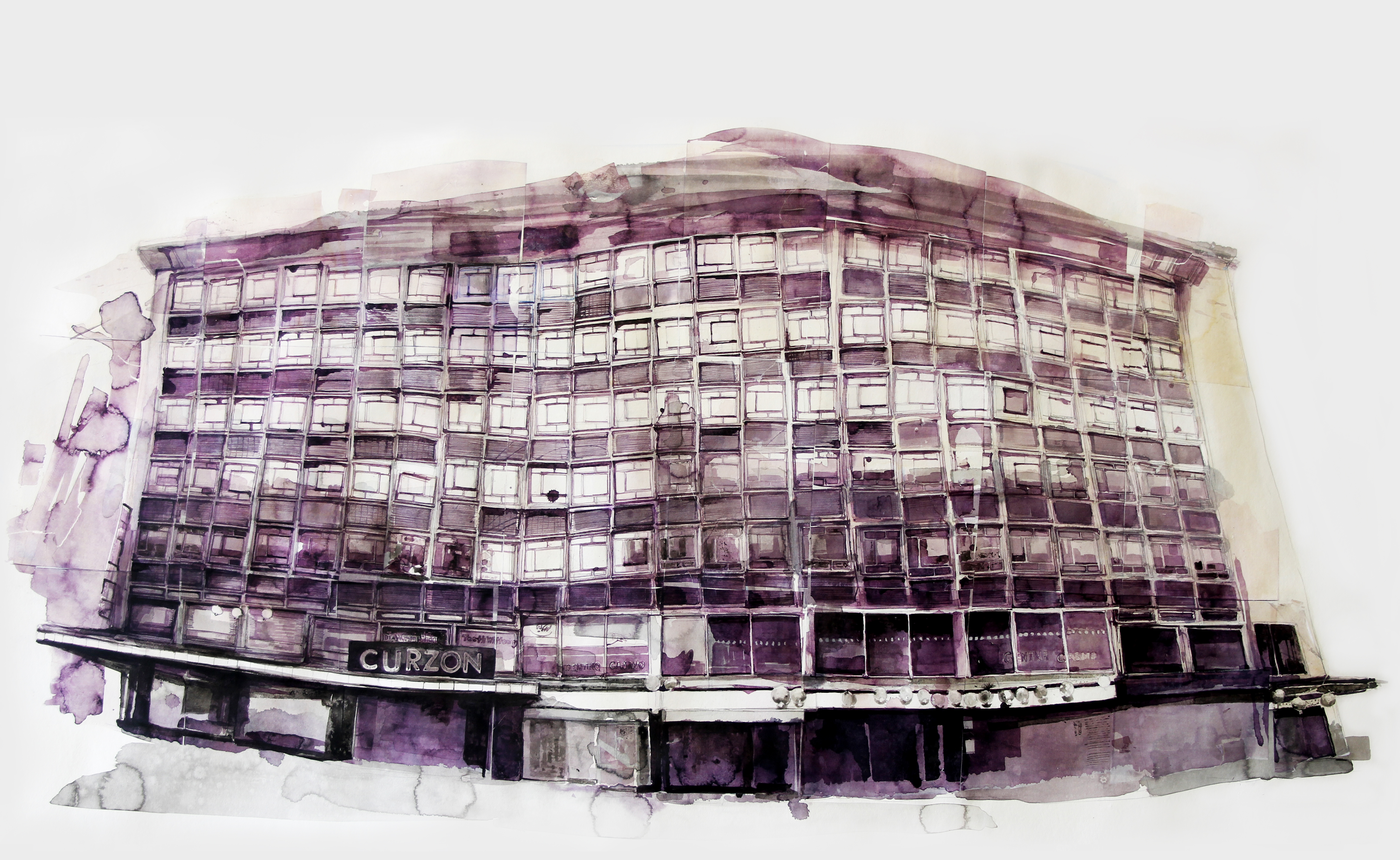 Curzon Soho by Jemima Carter-Lewis, Indian ink on paper with laser transfer monoprint