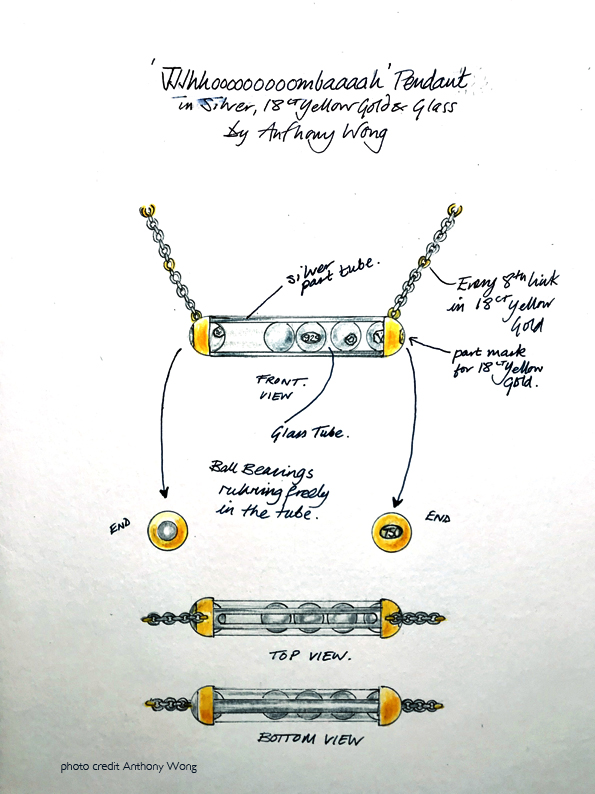 Judges loved the playful kinetic qualities of the piece and the fact that the hallmarks take centre stage to the design in a new way.  Anthony Wong, 'Jjjhhooooooooombaaaah' Pendant.  Graduate - Royal College of Art.