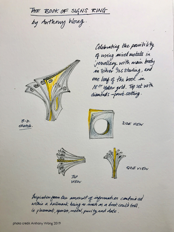 Judges really liked the way that each page carried its own mark and yet was one piece, "a clever wearable design that celebrates the hallmark well". 'A Homage to the Book of the Hallmark’ Ring, Anthony Wong.  Graduate - Royal College of Art.