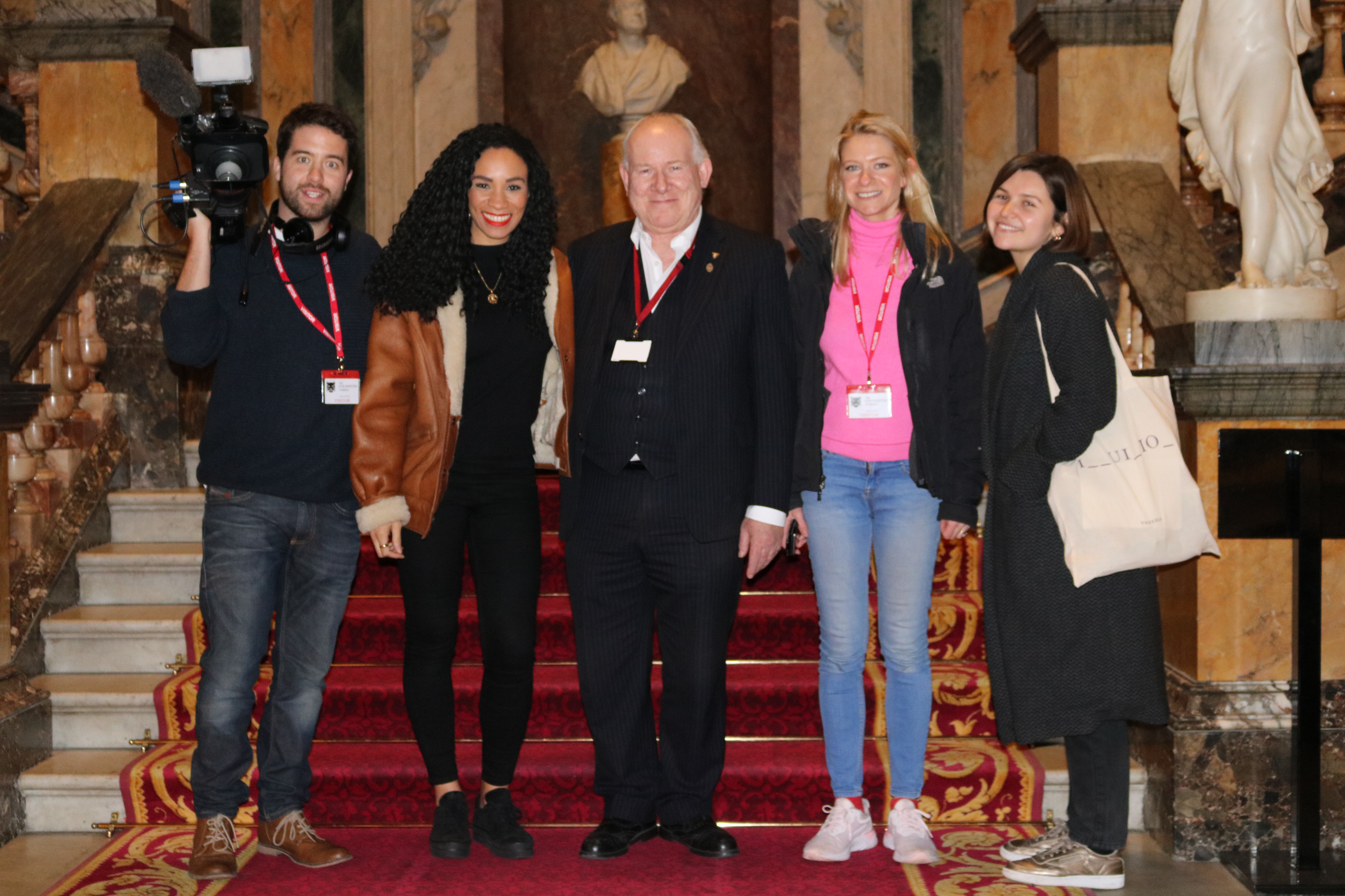 Presenter Michelle Ackerley pictured with Dave, and the crew of Fake Britain in January 2019.