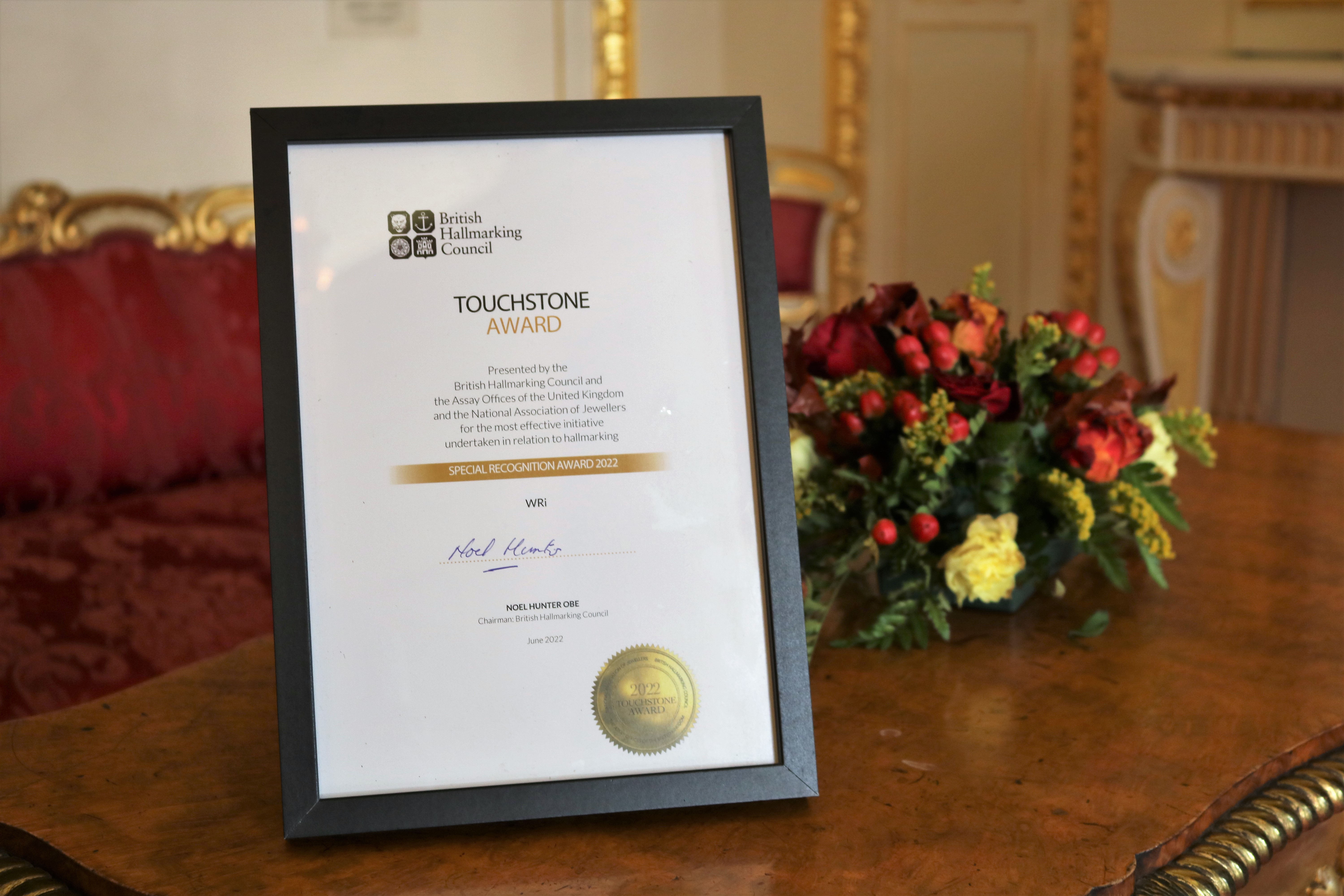 WRi Group’s Touchstone Special Recognition Award certificate
